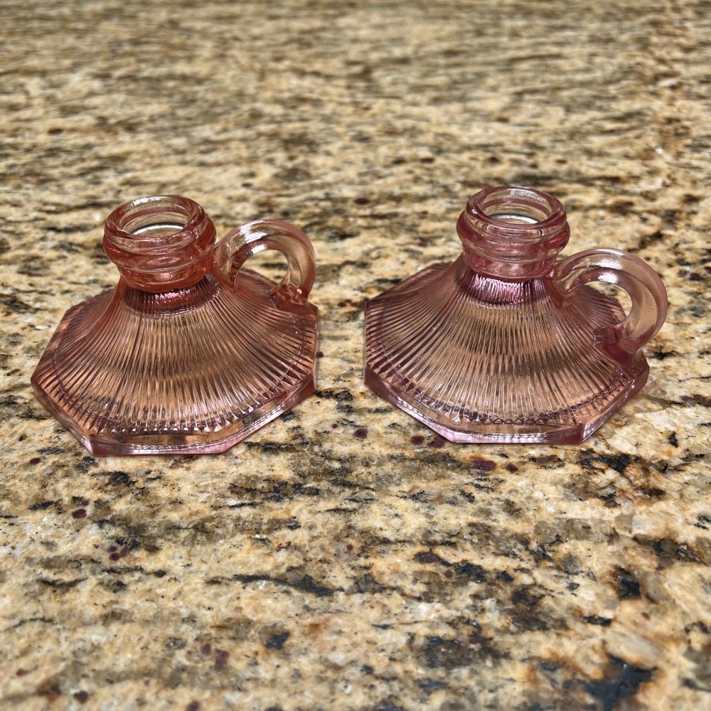 Vintage Pink Depression Glass Ribbed Chamberstick Candle Holders Set of 2